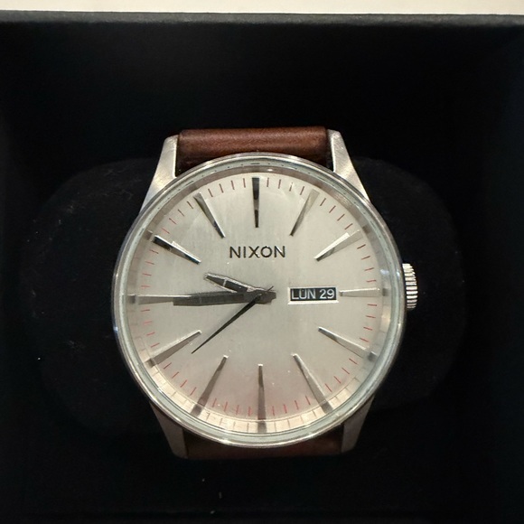 Nixon Silver Watch with Brown Leather Band